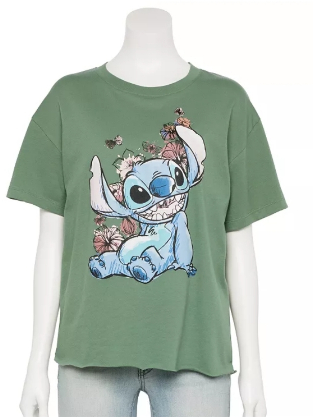 Juniors XL • Disney • Olive Green Graphic Tee with Stitch and Floral Design - Picture 2 of 7